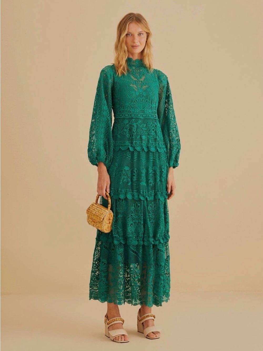 NWT Farm Rio Dark Emerald Green Guipure Lace Long Sleeve Maxi Dress Medium New